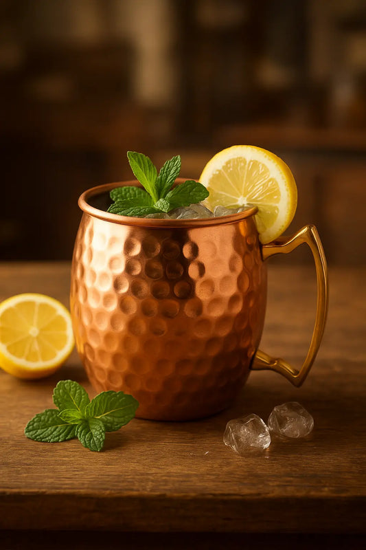 Copper mug with a cocktail, lemon slices, and mint leaves on a wooden surface.