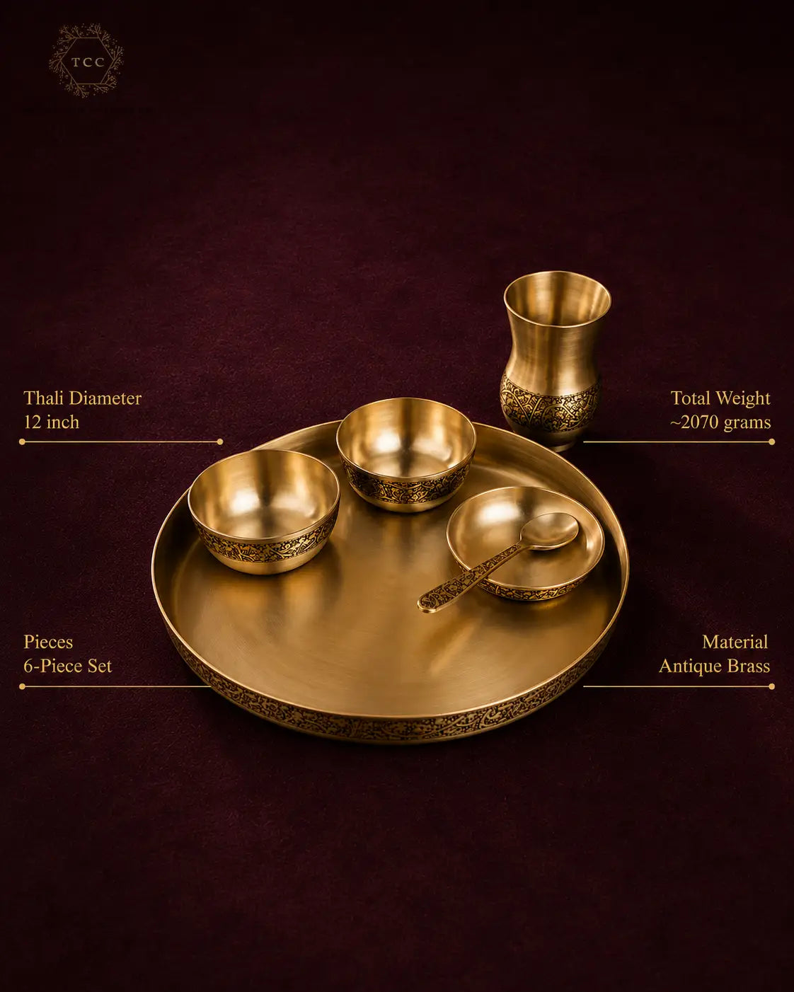 Antique Brass 6-Piece Thali Set with Engraved Design