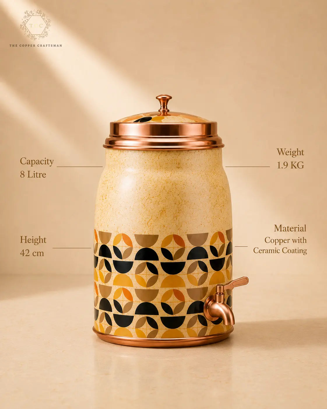 8 Litre Ceramic Water Dispenser with Copper Tap – Geometric Pattern