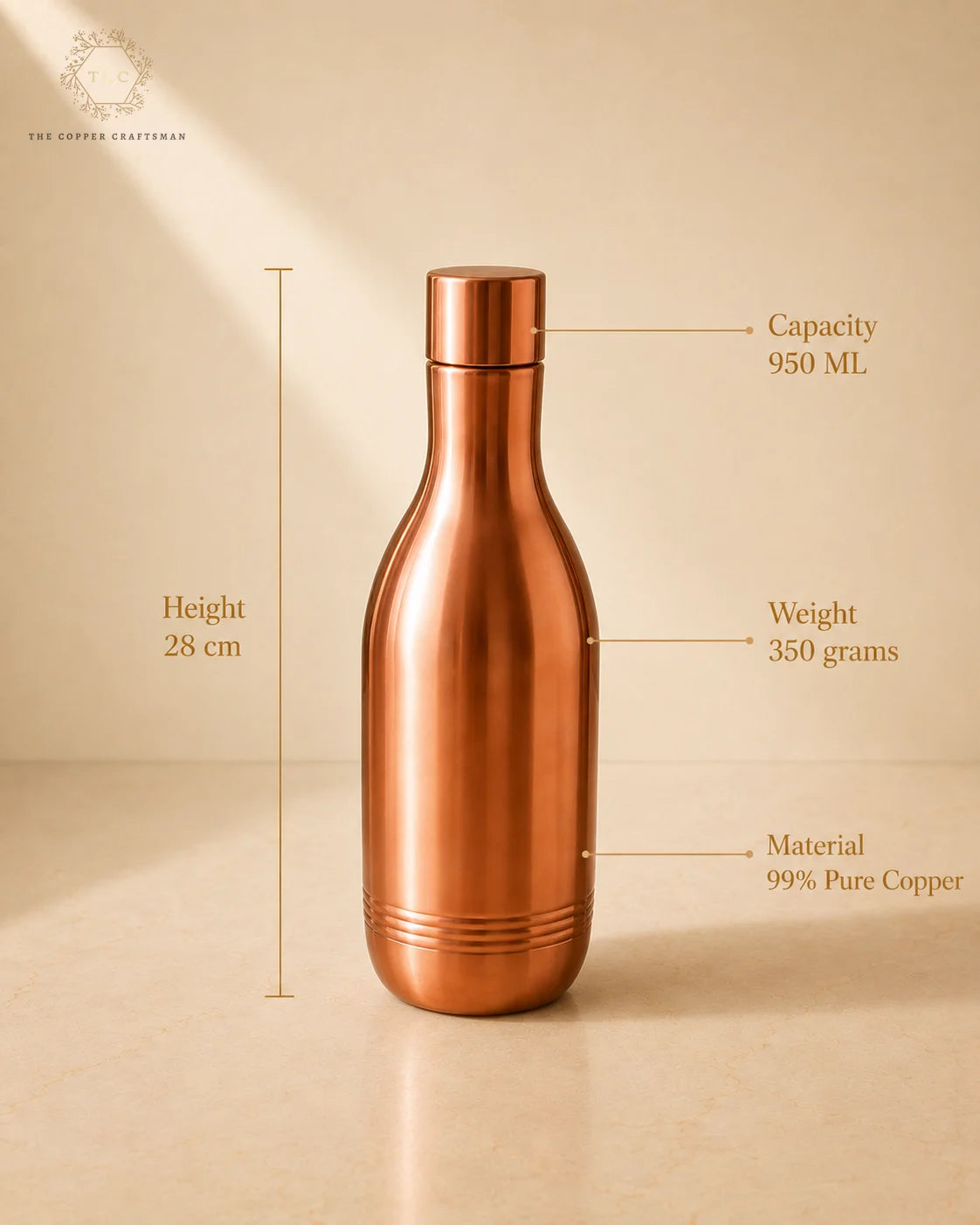 99% Pure Copper Water Bottle – Elegant Curved Design, 950 ML