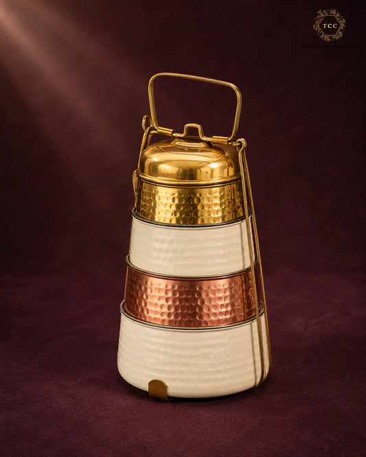 Handcrafted Enamel, Copper & Brass Tiffin Carrier – 3-Tier Traditional Lunch Box