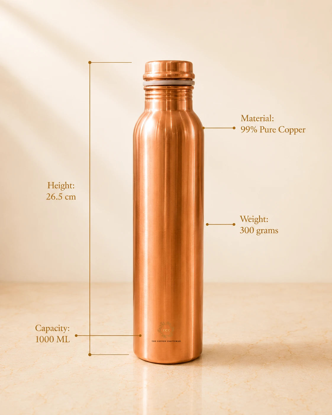 A Classic 1 litre pure copper water bottle beige surface against a warm cream background, with measurement callouts showing height, weight, and capacity and material text pointing to the bottle.