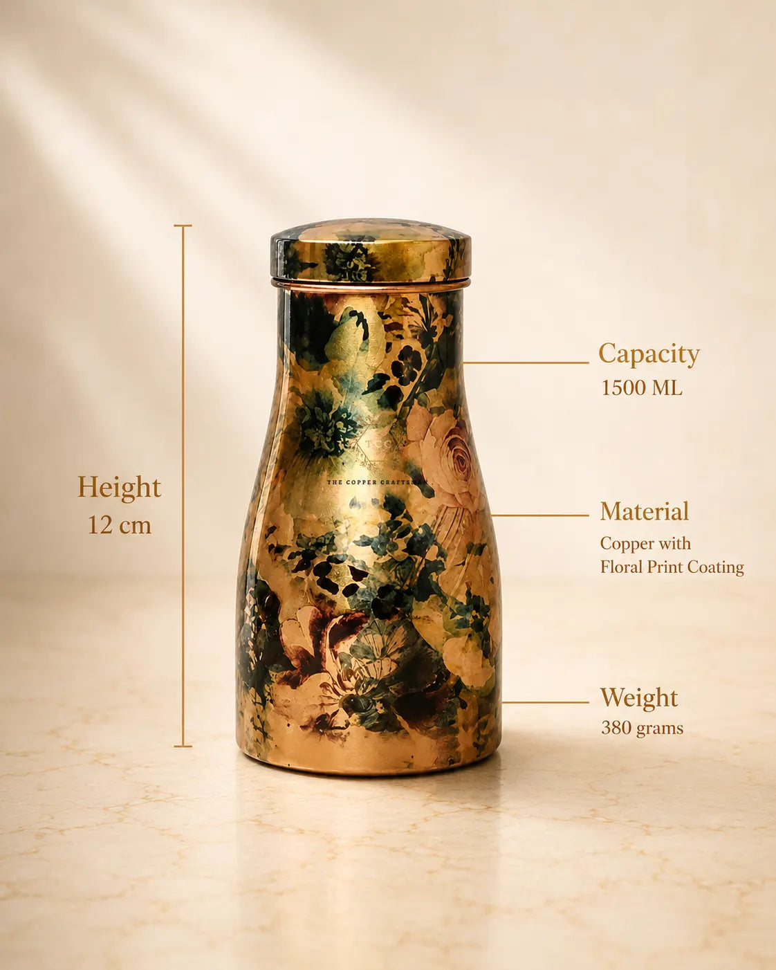 A Hand-painted floral pure copper water jar 1.5 litre with a floral print finish, shown on a light marble surface with text overlays indicating its height of 12 cm, 1500 mL capacity, copper material, and 380 grams weight.