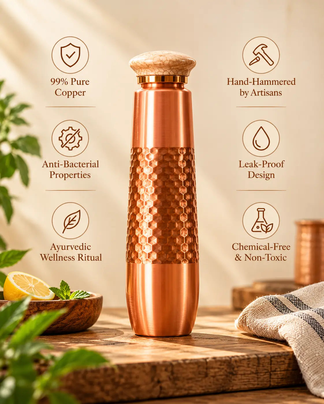 TCC_Signature_Hand-Hammered_Copper_Water_Bottle benefits