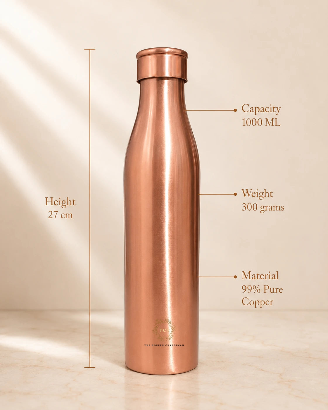 A Traditional Pure Copper Water Bottle 1 L with measurement callouts showing height of 27 cm, capacity of 1000 ml, and weight of 300 grams, made of 99% pure copper.