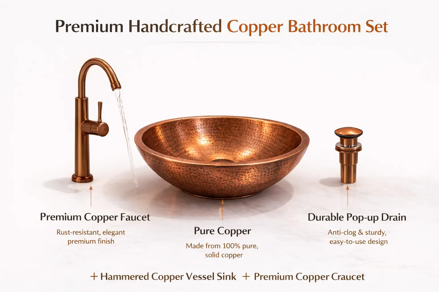 Premium handcrafted copper bathroom set with faucet, sink, and drain on a white background.