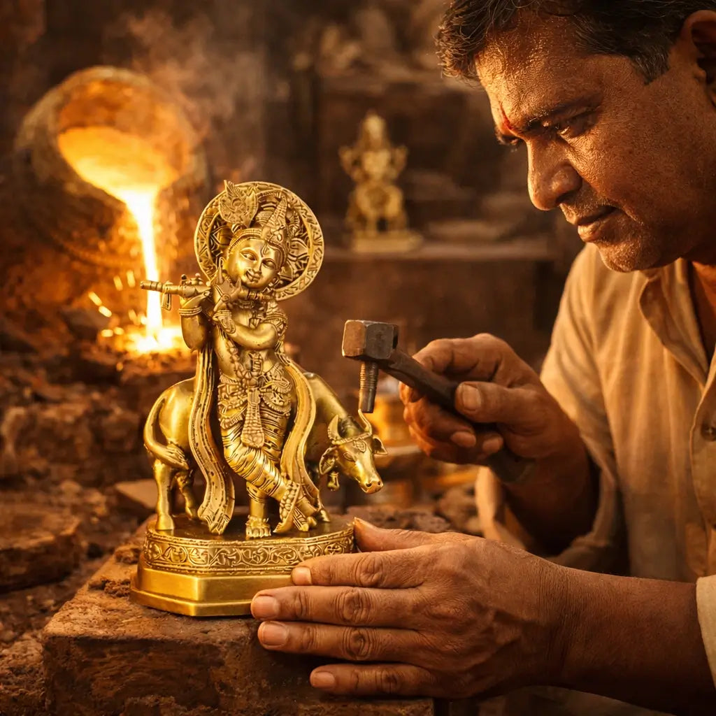Man working on a gold statue with a hammer in a warm, dimly lit setting