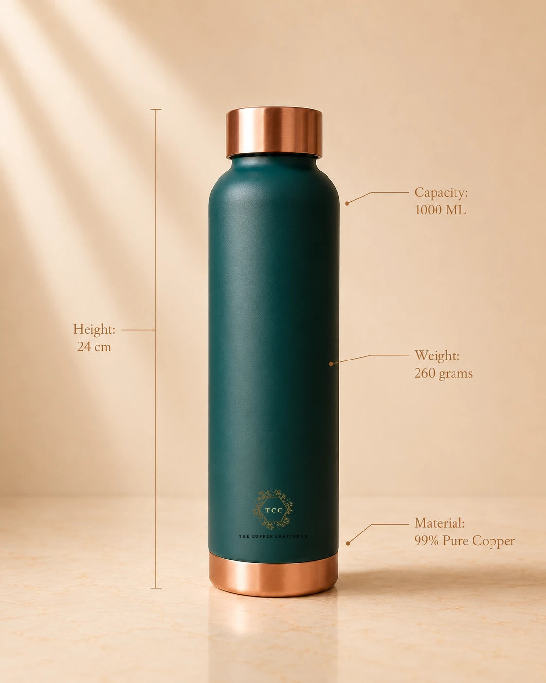 A matte green colour copper water bottle with rose gold metallic accents at the top and bottom, shown on a warm beige background with measurement callouts indicating height, capacity, weight, and material.
