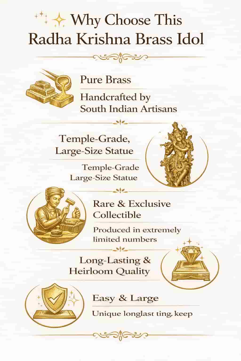 Promotional image of a Radha Krishna brass idol with features listed.