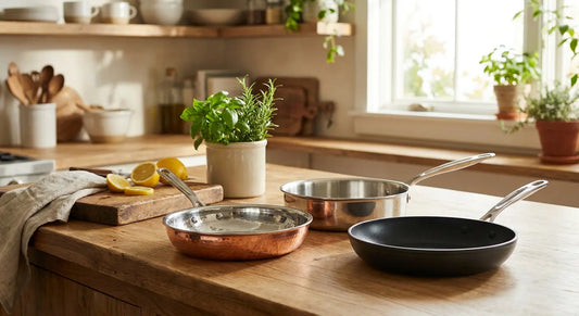 Copper vs. Steel vs. Non-Stick on table in kitchen