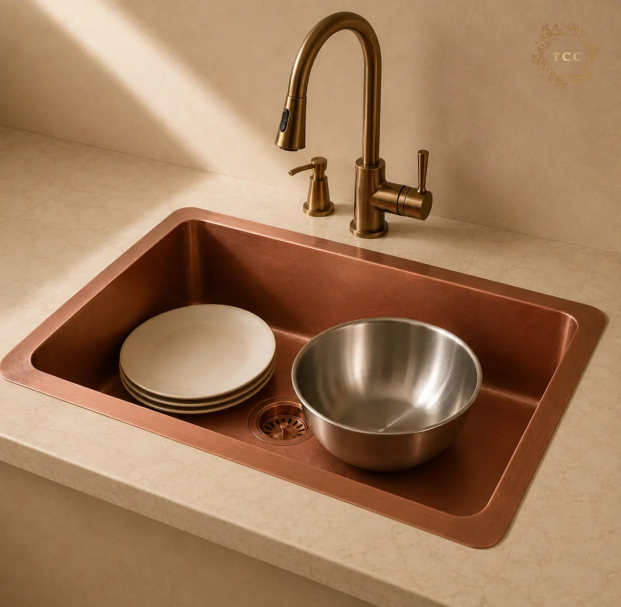 Copper Kitchen Sink (Handcrafted Antique) – 33″ × 22″ × 9″