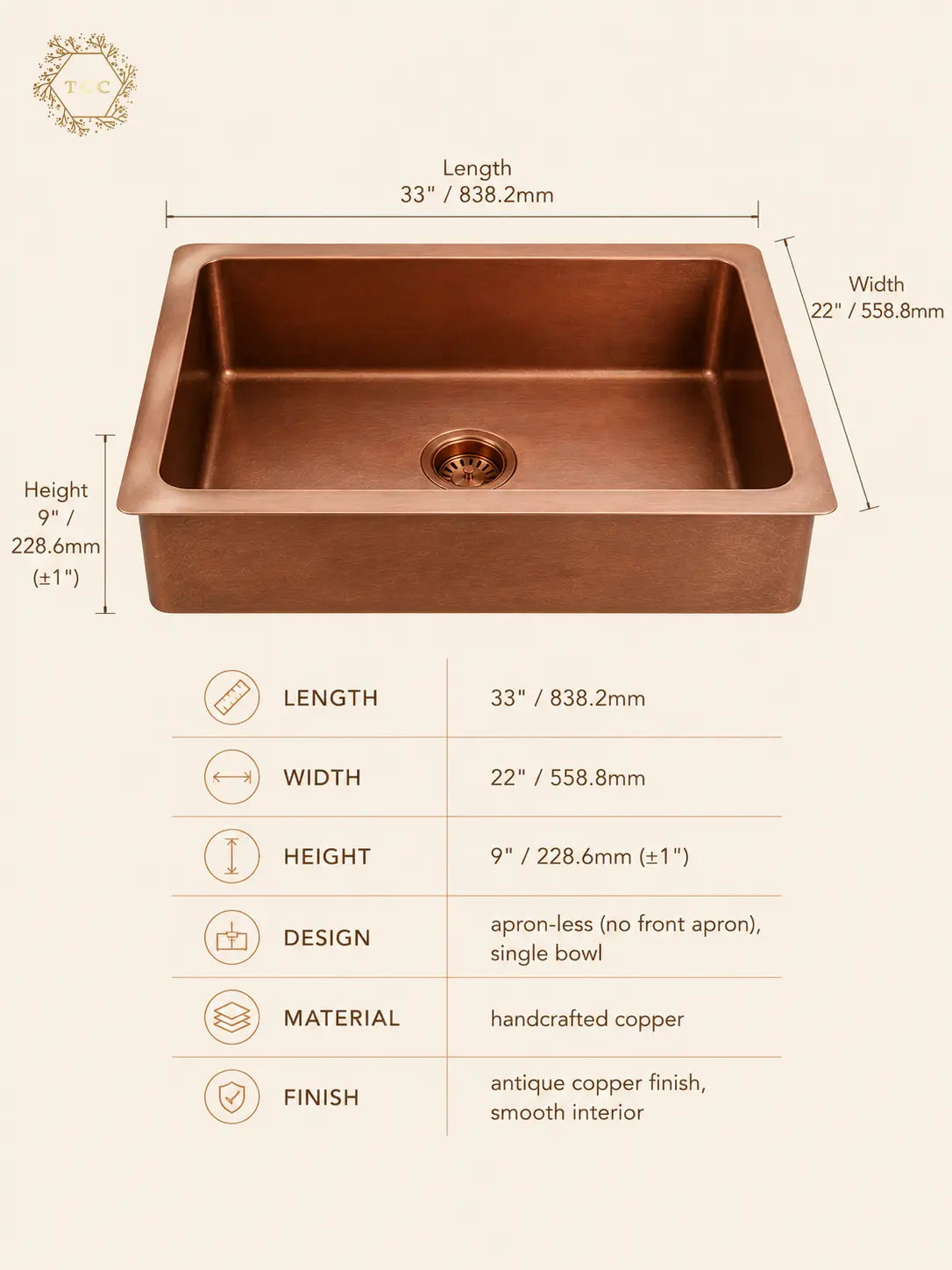 Copper Kitchen Sink (Handcrafted Antique) – 33″ × 22″ × 9″