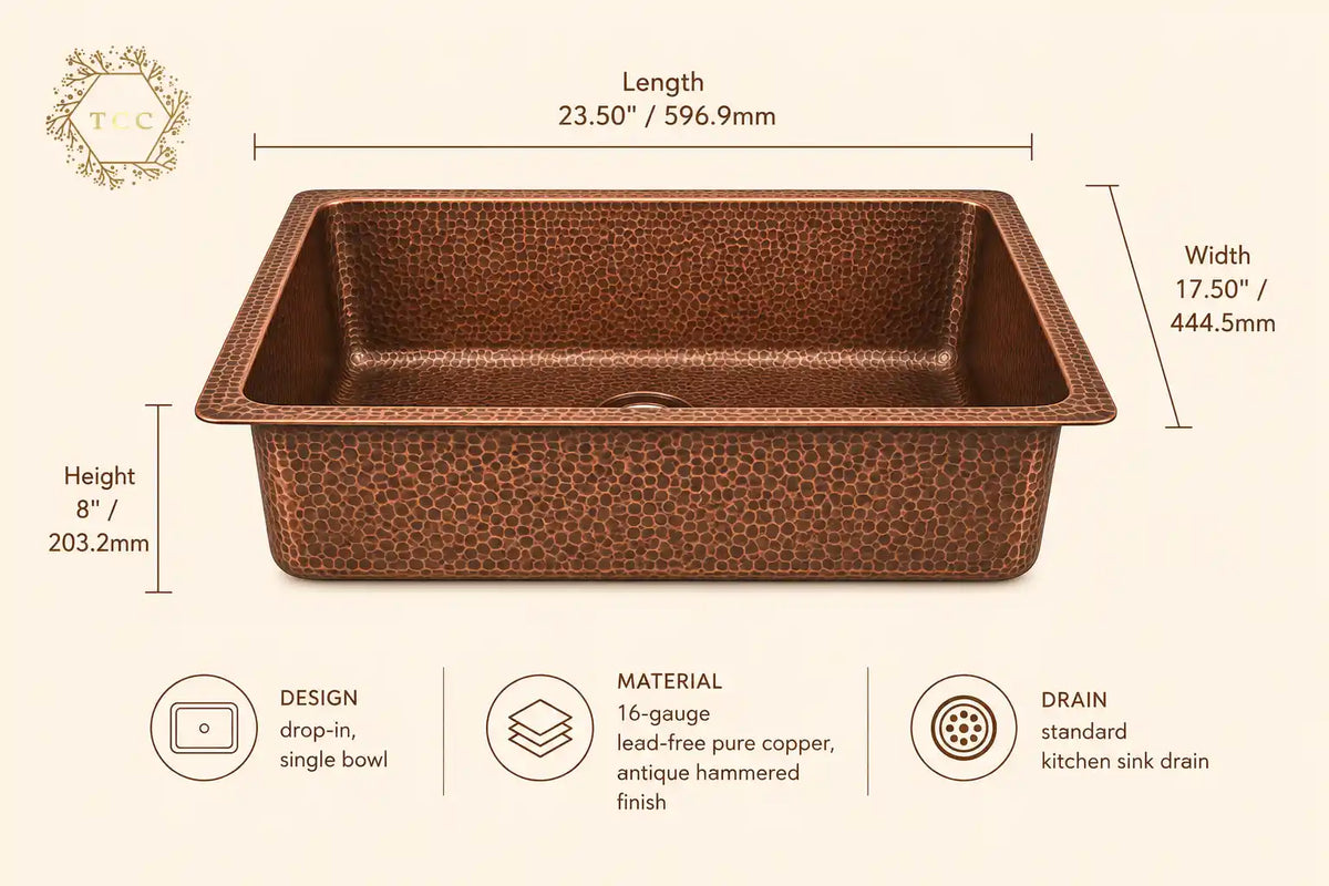 Handcrafted Copper Drop-In Kitchen Sink – 23.5″ × 17.5″ × 8″