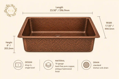 Handcrafted Copper Drop-In Kitchen Sink – 23.5″ × 17.5″ × 8″