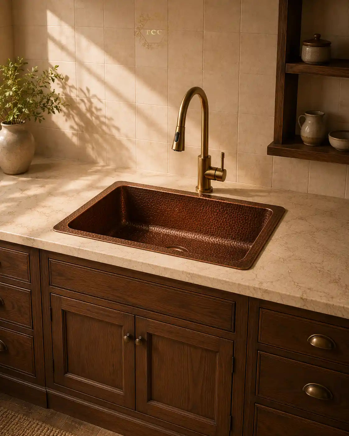 Copper Kitchen Sink (Handcrafted Antique) – 33″ × 22″ × 9″