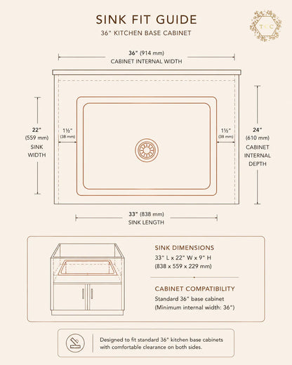 Copper Kitchen Sink (Handcrafted Antique) – 33″ × 22″ × 9″