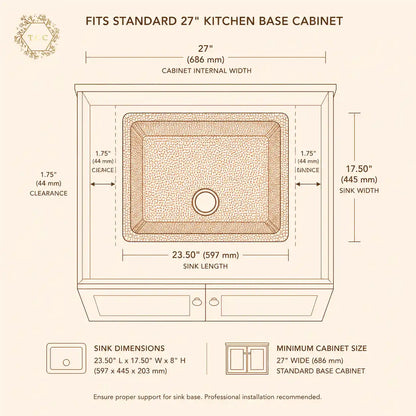 Handcrafted Copper Drop-In Kitchen Sink – 23.5″ × 17.5″ × 8″