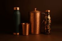 Set of copper and green metal containers on a dark background