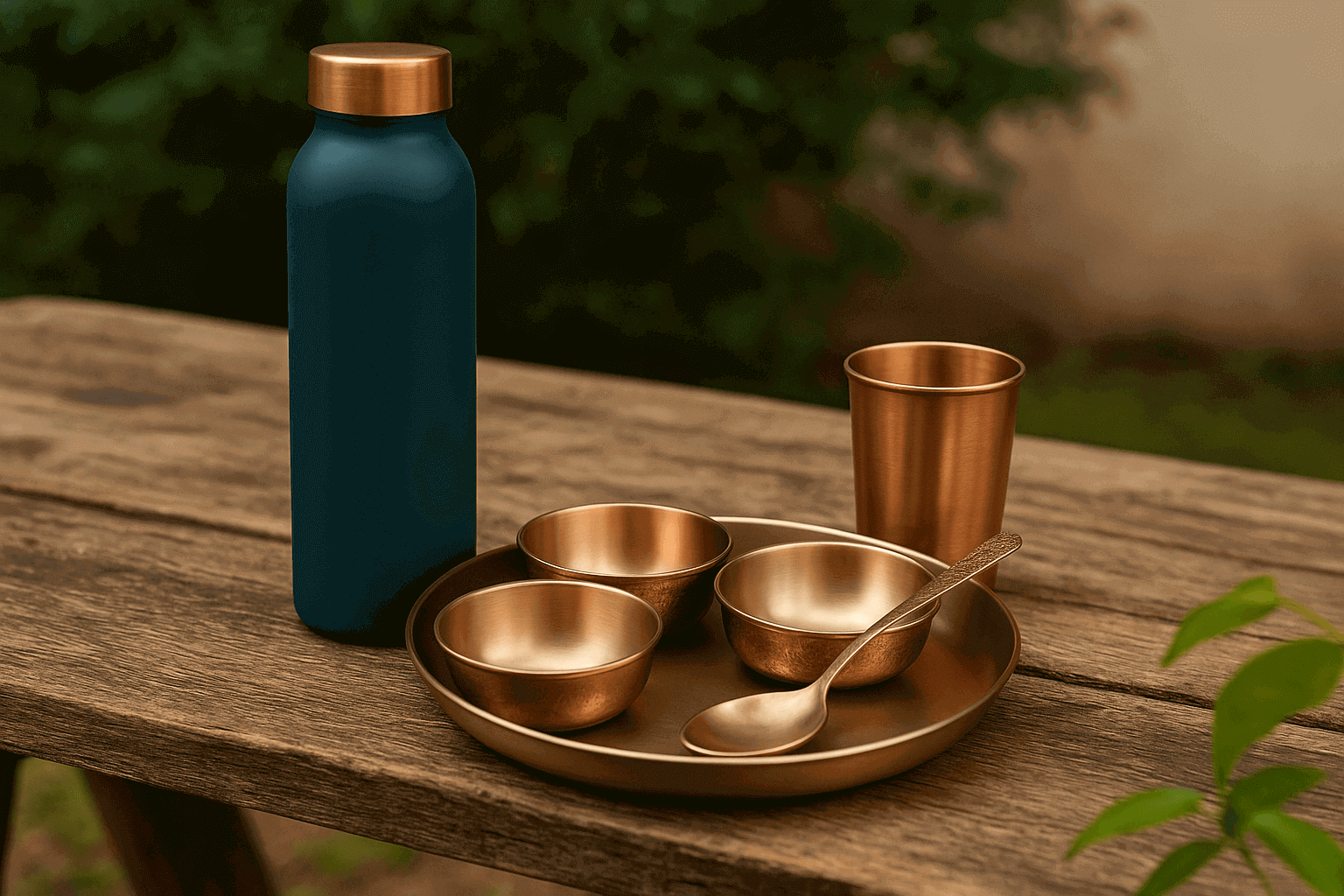 Set of brass kitchen utensils including bowls, a spoon, and a cup on a wooden table with a blue bottle in the background.