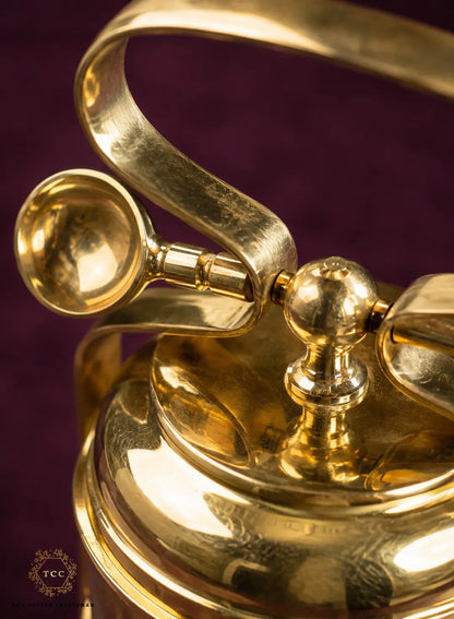 Close-up of a polished brass or gold-toned tifin box with a curved handle and a small spherical knob, set against a dark purple background.