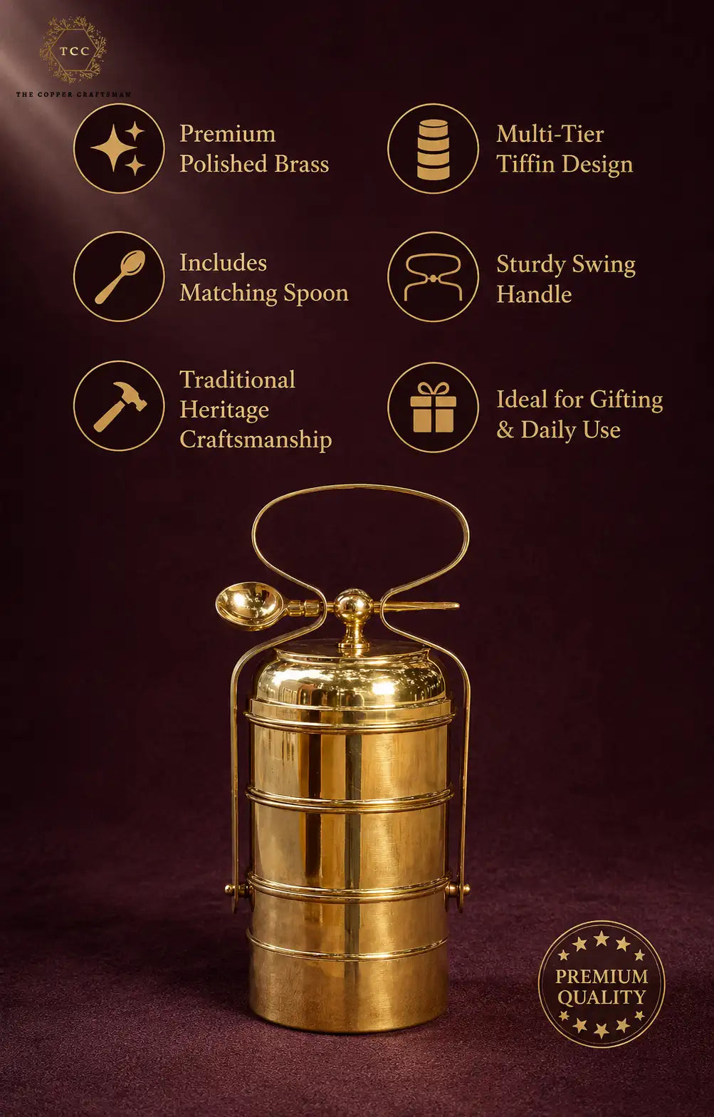A polished brass tiered tiffin container with a matching spoon, displayed on a dark burgundy background with feature callouts and a premium quality badge.