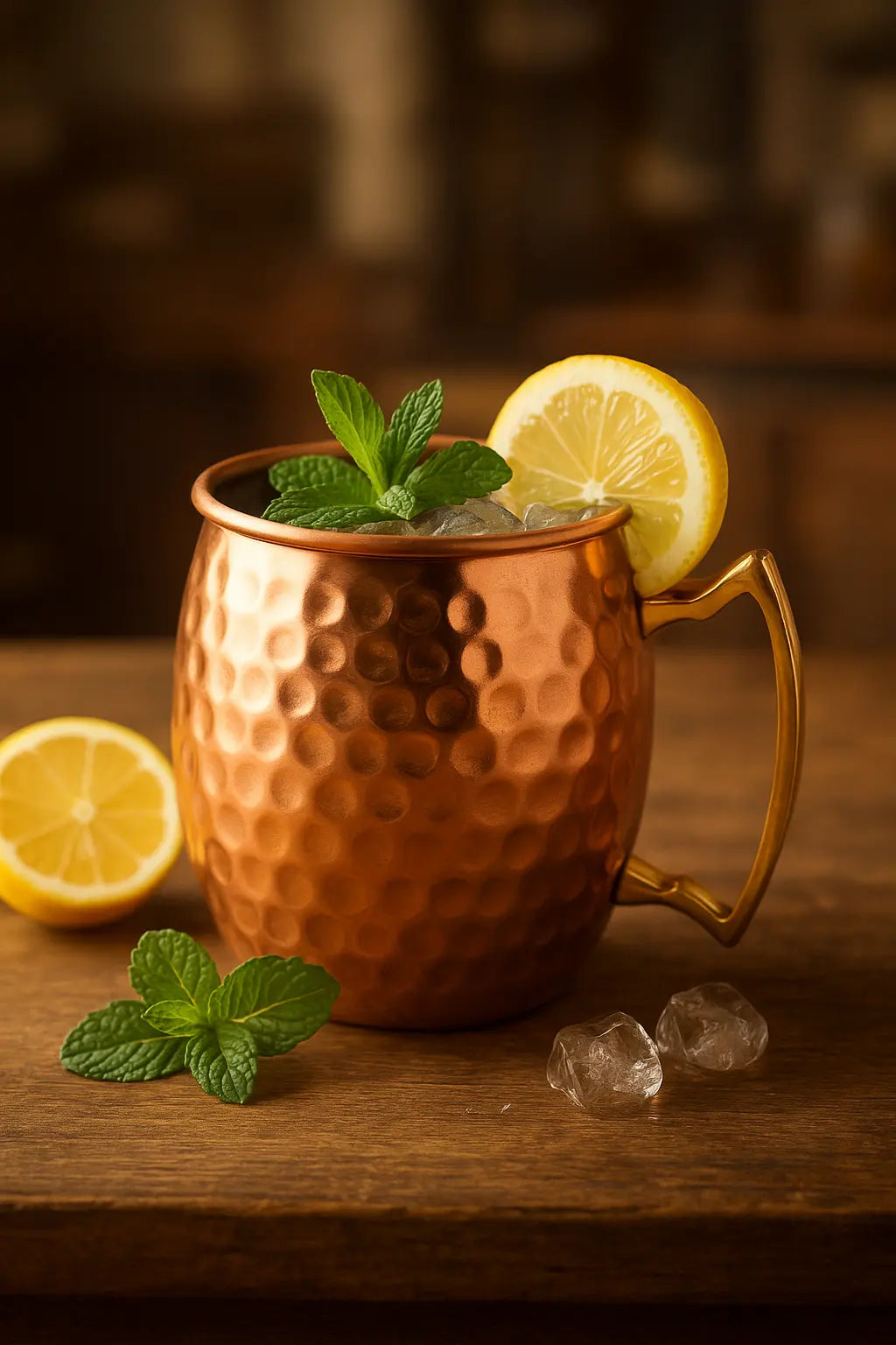 Copper mug with a cocktail, lemon slices, and mint leaves on a wooden surface.
