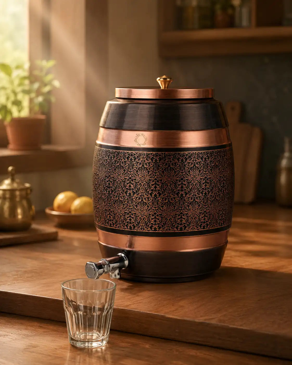 A Pure Copper Water Dispenser with an ornate patterned body, a lid, and a small spout pouring into a clear glass, set on a wooden countertop in a warm kitchen setting.
