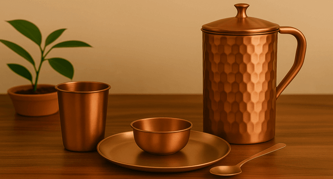 Set of bronze kitchenware including a pitcher, cup, bowl, and spoon on a wooden surface with a plant in the background.
