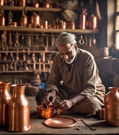 Man working with copper pots and tools in a workshop