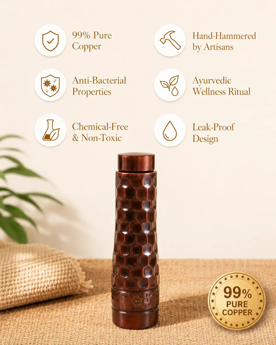 A Antique Diamond Copper Water Bottle stands on a burlap surface against a beige background. Text callouts around it mention 99% pure copper, hand-hammered by artisans, anti-bacterial properties, ayurvedic wellness ritual, chemical-free and non-toxic, and leak-proof design.