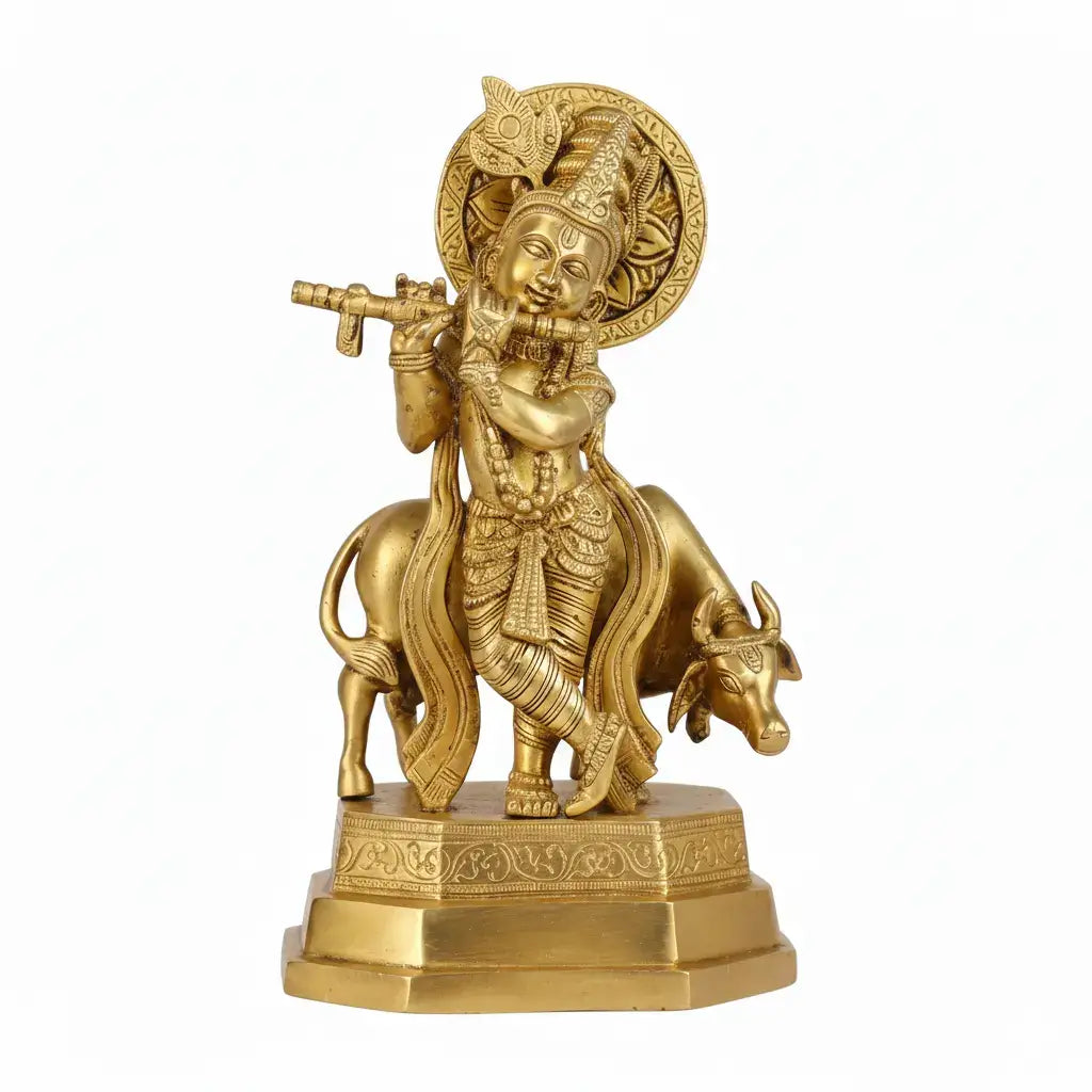 Gold-colored statue of a deity on a white background