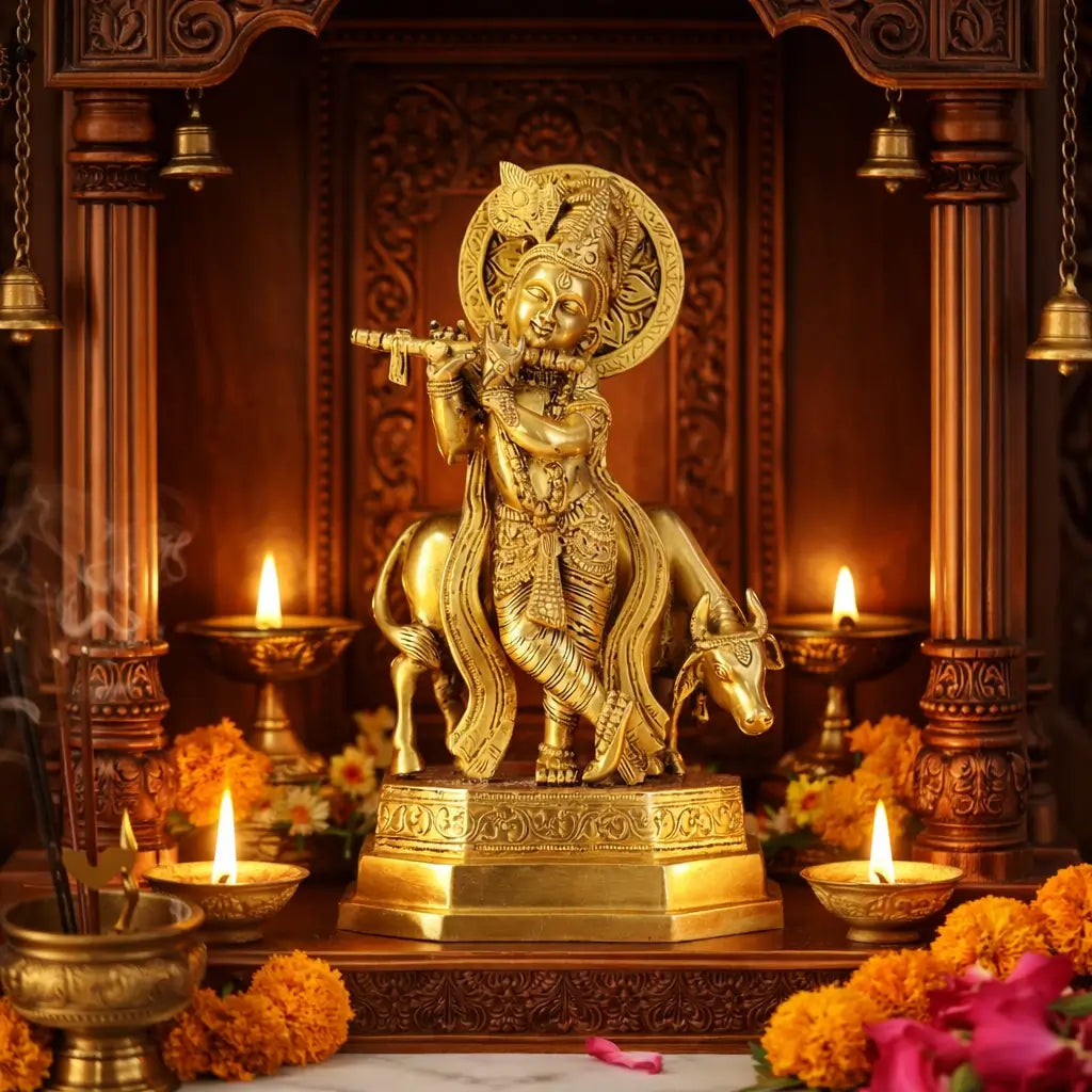 Decorative statue of a deity on a horse with candles and flowers in a temple setting