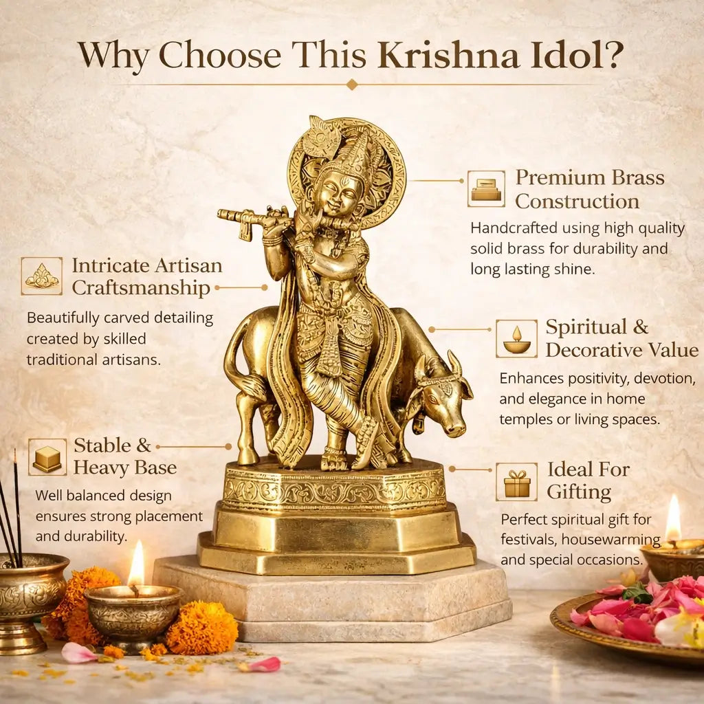 Gold Krishna statue on a wooden platform with decorative elements and text highlighting features.