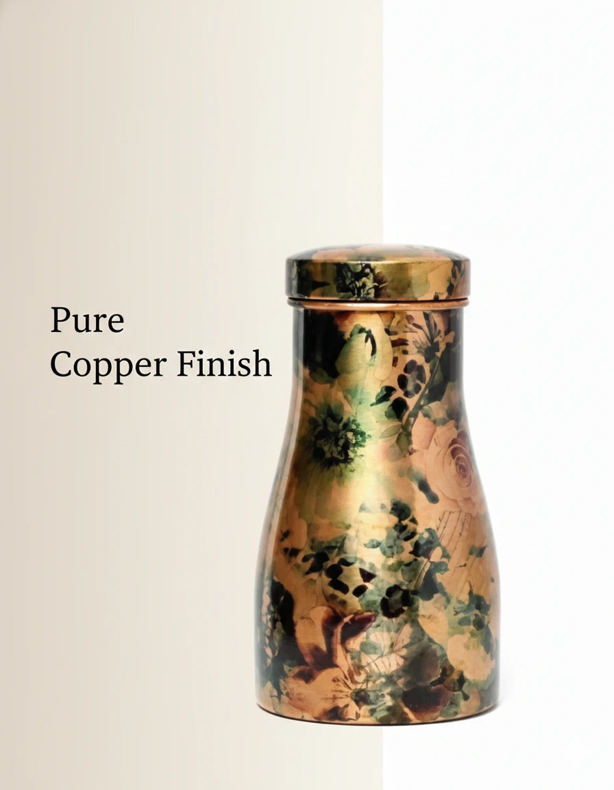 Copper finish container with floral design on a white background