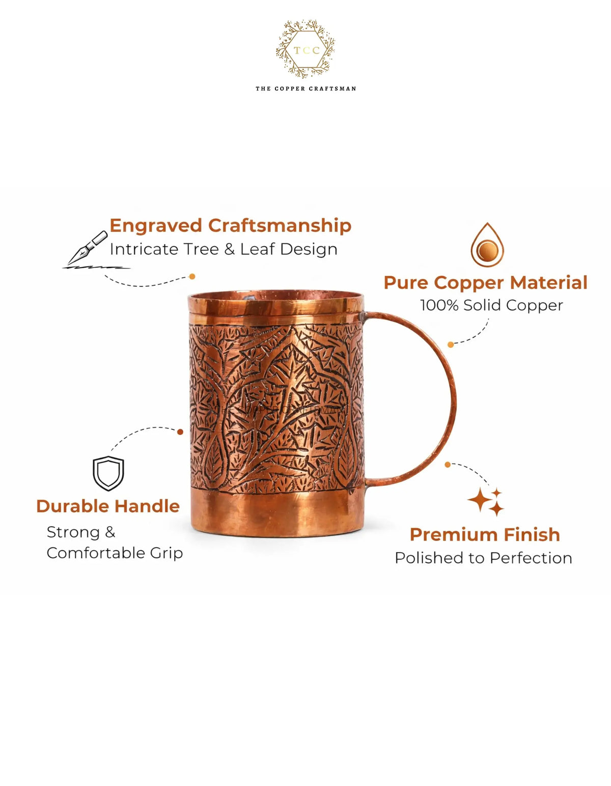 Copper mug with engraved craftsmanship on a white background