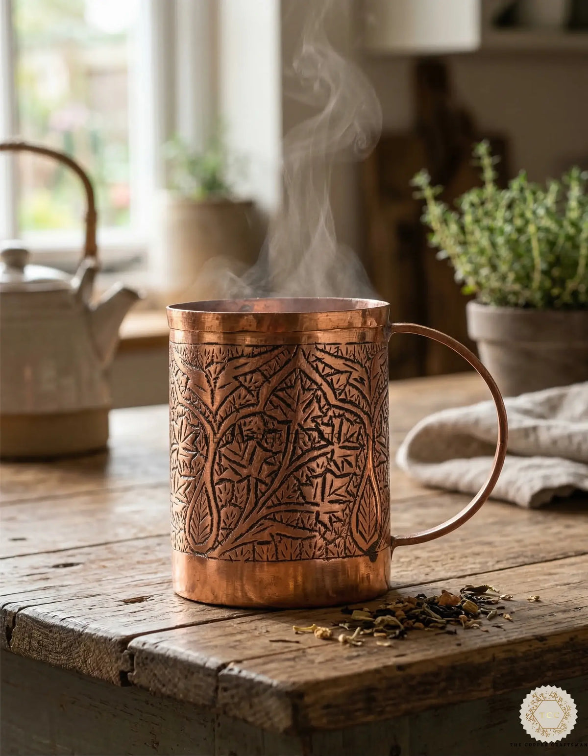 Copper mug with intricate patterns on a wooden surface, steam rising from it.