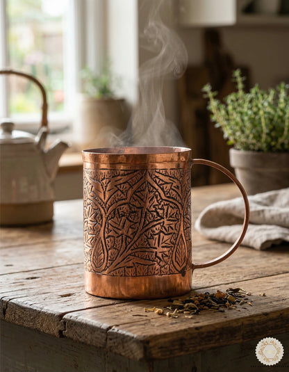 Copper mug with intricate patterns on a wooden surface, steam rising from it.