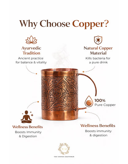 Copper mug with wellness benefits text on a white background