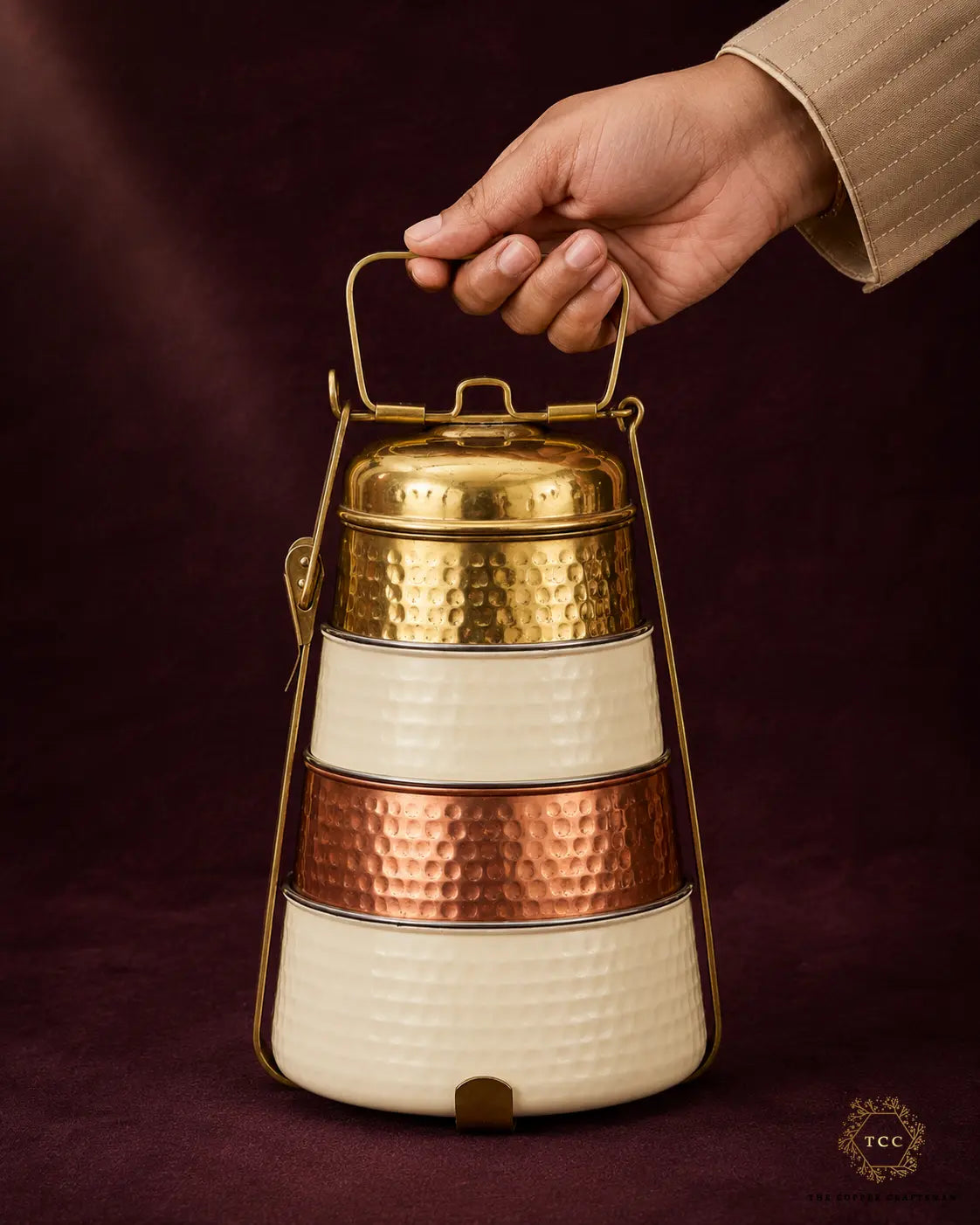 Handcrafted Enamel, Copper & Brass Tiffin Carrier – 3-Tier Traditional Lunch Box