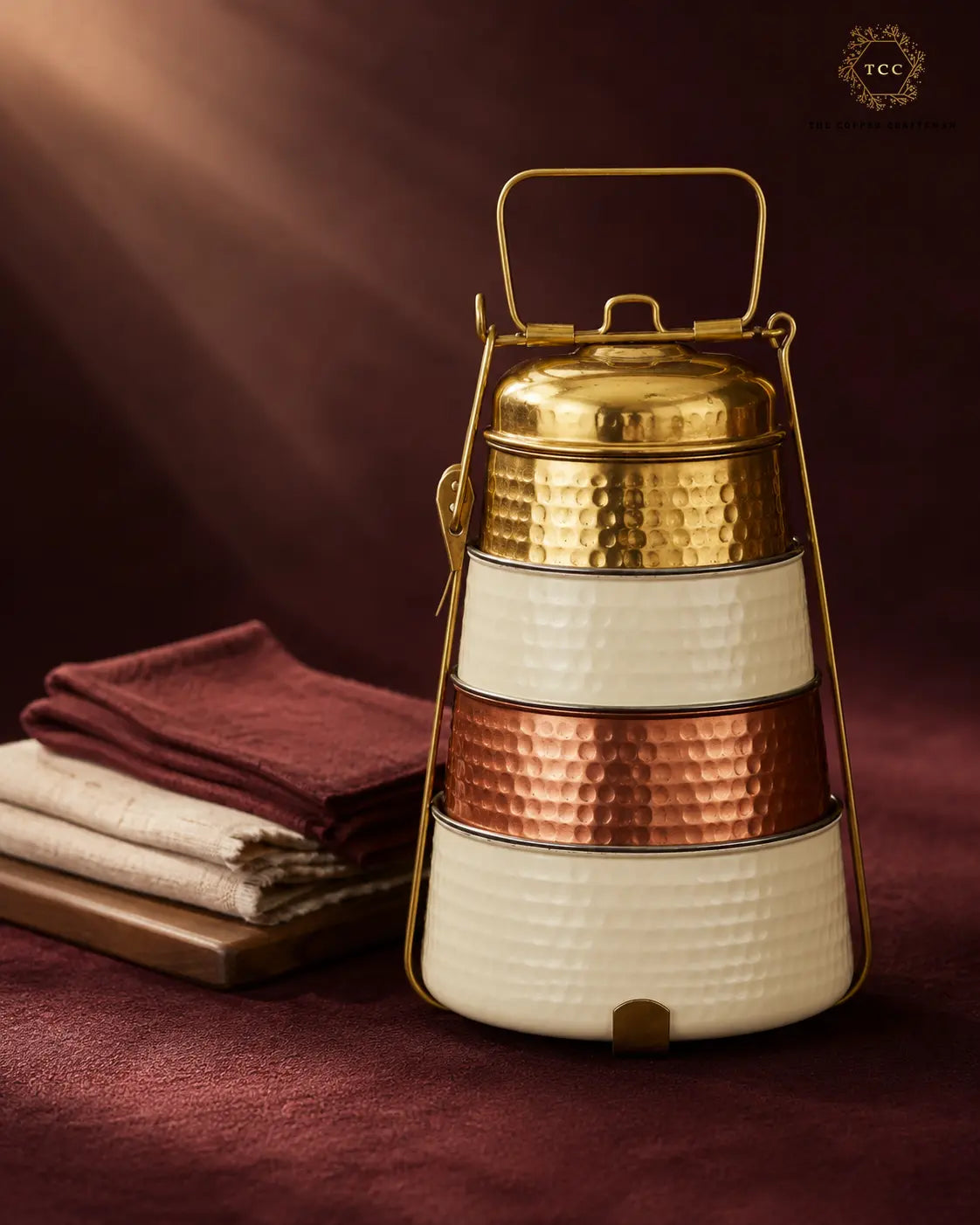 Handcrafted Enamel, Copper & Brass Tiffin Carrier – 3-Tier Traditional Lunch Box