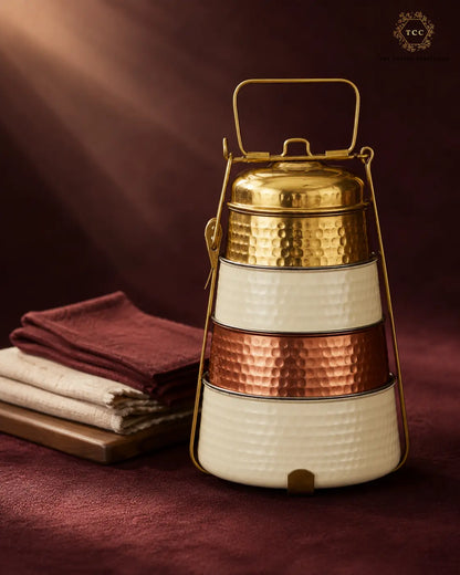 Handcrafted Enamel, Copper & Brass Tiffin Carrier – 3-Tier Traditional Lunch Box