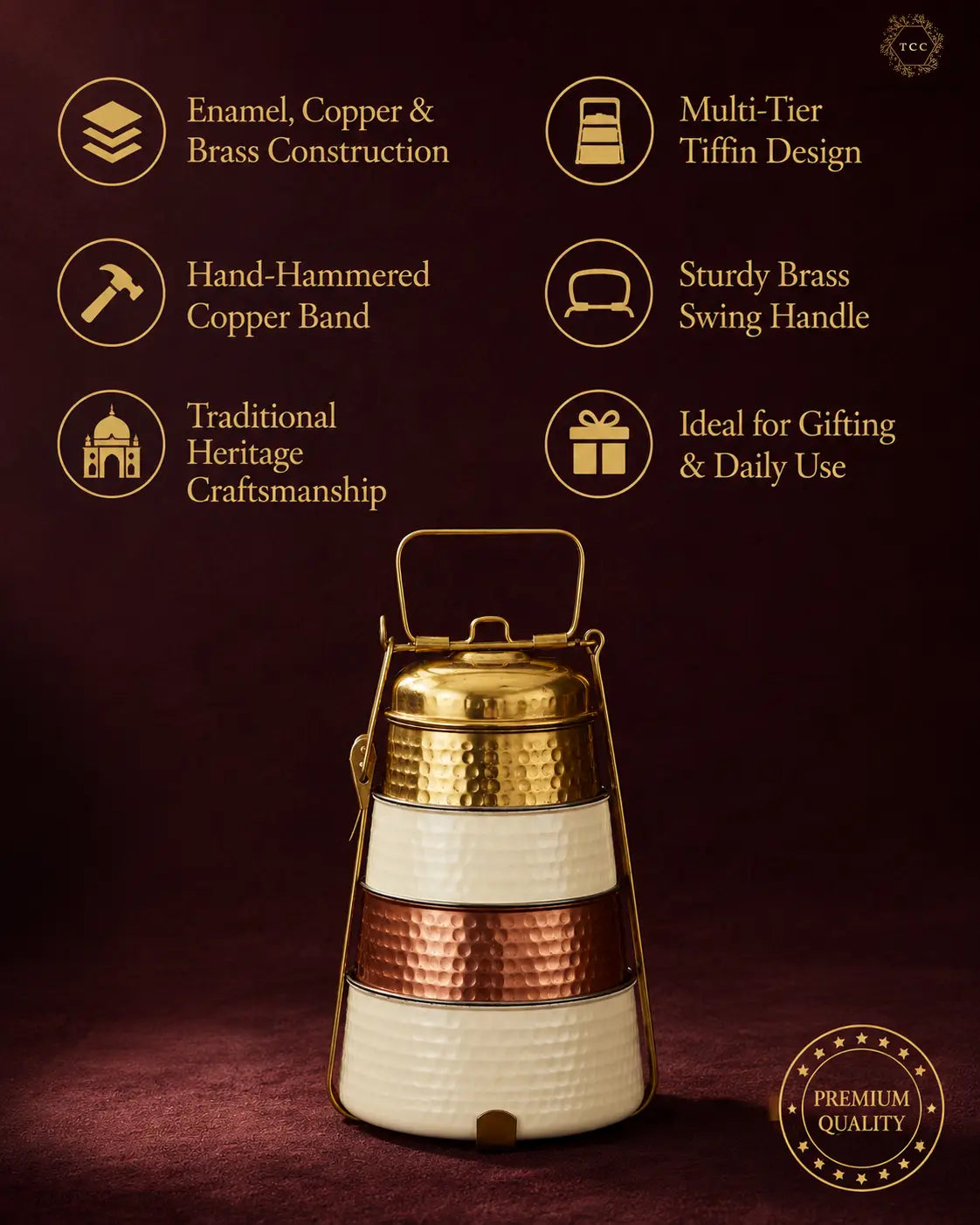 Handcrafted Enamel, Copper & Brass Tiffin Carrier – 3-Tier Traditional Lunch Box