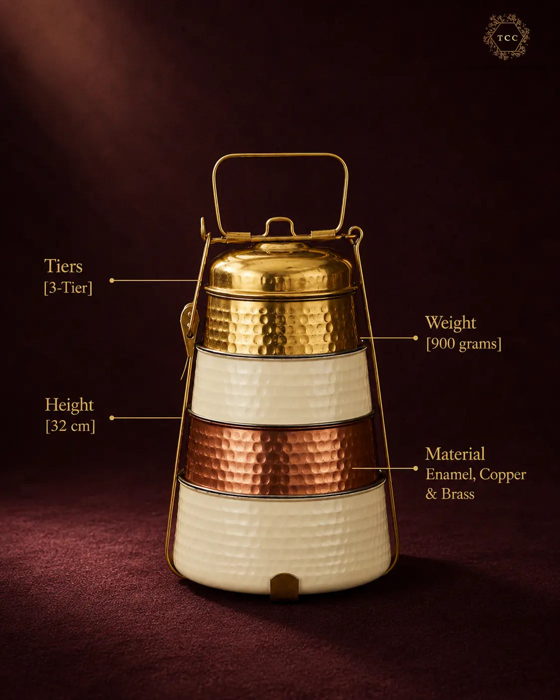 Handcrafted Enamel, Copper & Brass Tiffin Carrier – 3-Tier Traditional Lunch Box