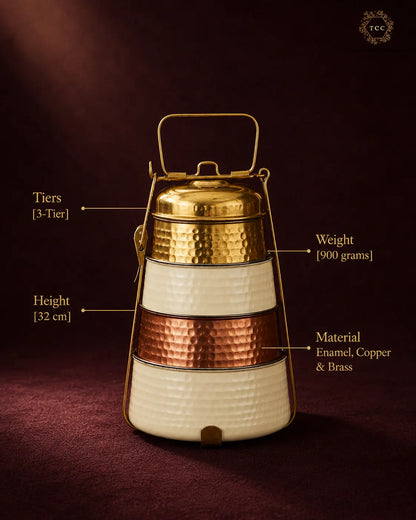 Handcrafted Enamel, Copper & Brass Tiffin Carrier – 3-Tier Traditional Lunch Box