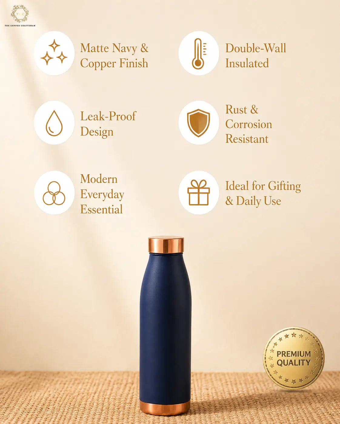 Premium Matte Navy Copper Bottle – 1 Litre