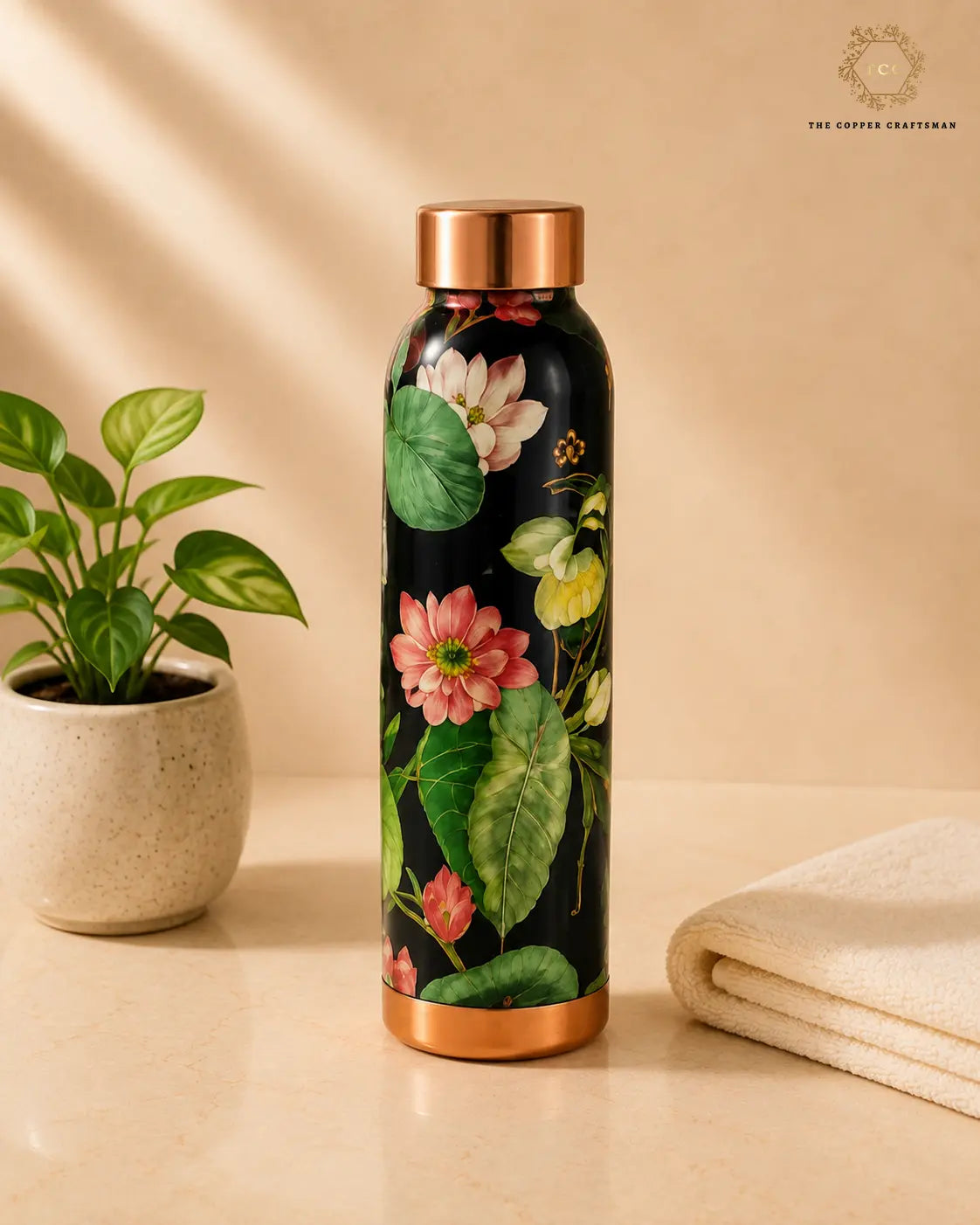 Hand-Painted Floral Enamel Copper Bottle – 1000 ML
