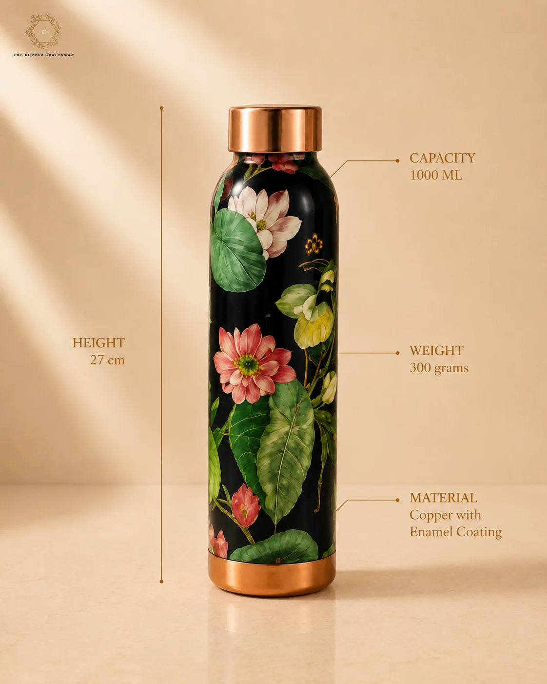 Hand-Painted Floral Enamel Copper Bottle – 1000 ML