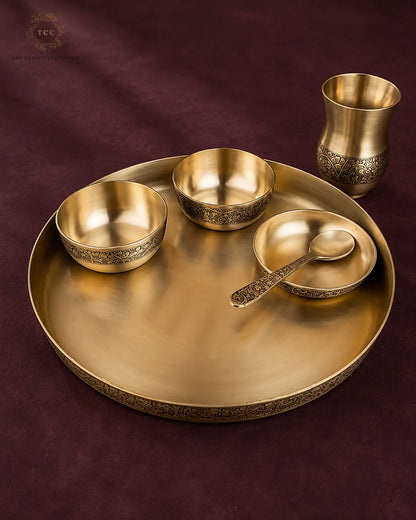 Antique Brass 6-Piece Thali Set with Engraved Design