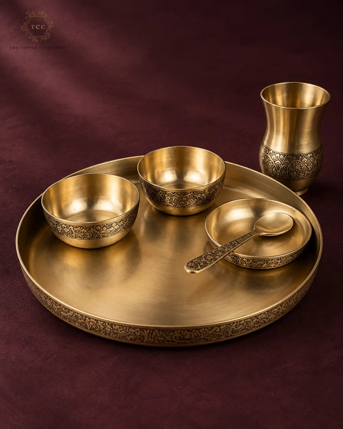 Antique Brass 6-Piece Thali Set with Engraved Design