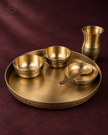 Antique Brass 6-Piece Thali Set with Engraved Design